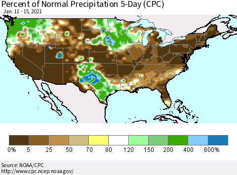 United States Percent of Normal Precipitation 5-Day (CPC) Thematic Map For 1/11/2021 - 1/15/2021