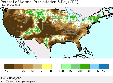 United States Percent of Normal Precipitation 5-Day (CPC) Thematic Map For 1/16/2021 - 1/20/2021