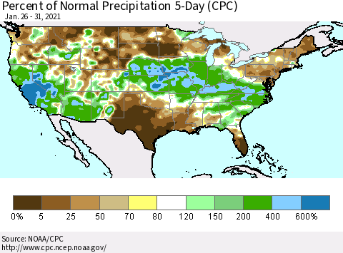 United States Percent of Normal Precipitation 5-Day (CPC) Thematic Map For 1/26/2021 - 1/31/2021