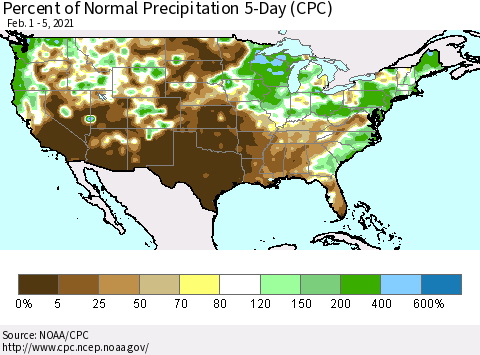 United States Percent of Normal Precipitation 5-Day (CPC) Thematic Map For 2/1/2021 - 2/5/2021