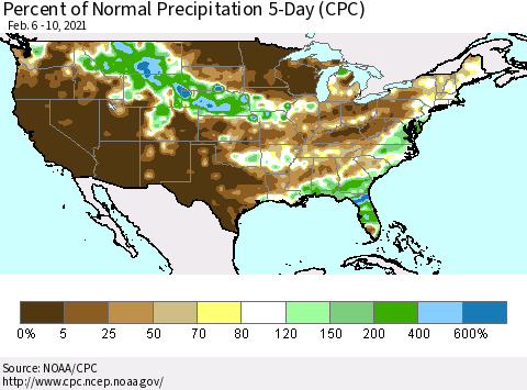 United States Percent of Normal Precipitation 5-Day (CPC) Thematic Map For 2/6/2021 - 2/10/2021