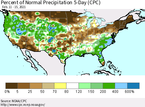 United States Percent of Normal Precipitation 5-Day (CPC) Thematic Map For 2/11/2021 - 2/15/2021