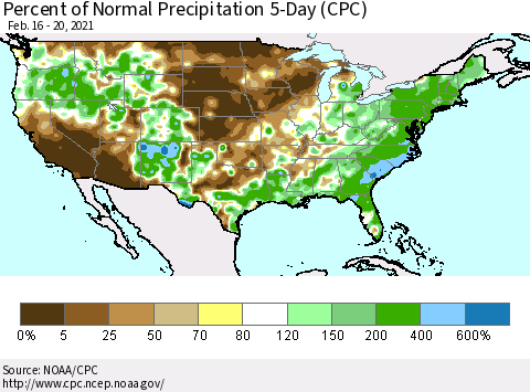 United States Percent of Normal Precipitation 5-Day (CPC) Thematic Map For 2/16/2021 - 2/20/2021
