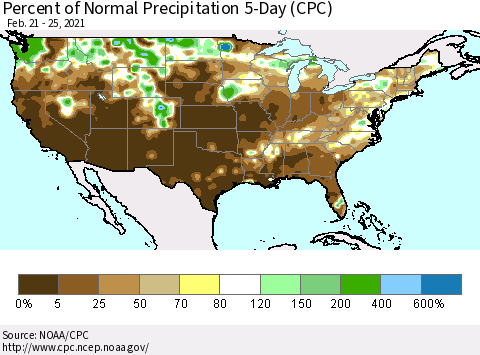 United States Percent of Normal Precipitation 5-Day (CPC) Thematic Map For 2/21/2021 - 2/25/2021