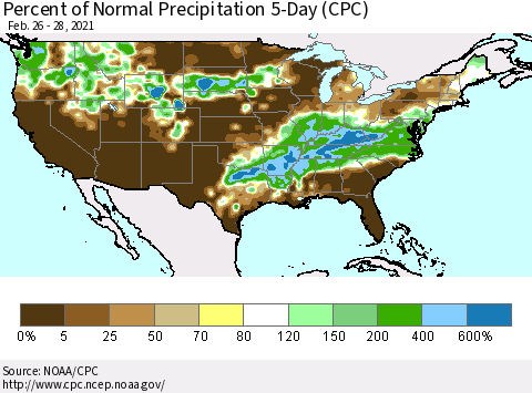 United States Percent of Normal Precipitation 5-Day (CPC) Thematic Map For 2/26/2021 - 2/28/2021