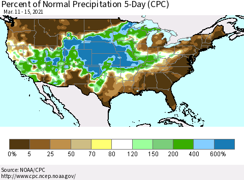 United States Percent of Normal Precipitation 5-Day (CPC) Thematic Map For 3/11/2021 - 3/15/2021