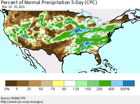 United States Percent of Normal Precipitation 5-Day (CPC) Thematic Map For 3/16/2021 - 3/20/2021