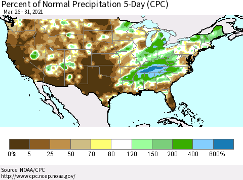 United States Percent of Normal Precipitation 5-Day (CPC) Thematic Map For 3/26/2021 - 3/31/2021