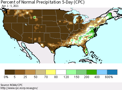 United States Percent of Normal Precipitation 5-Day (CPC) Thematic Map For 4/1/2021 - 4/5/2021