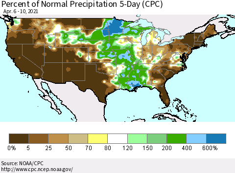 United States Percent of Normal Precipitation 5-Day (CPC) Thematic Map For 4/6/2021 - 4/10/2021