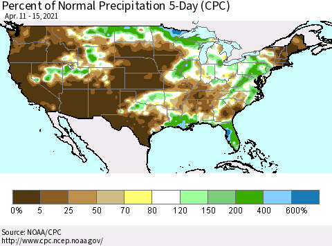 United States Percent of Normal Precipitation 5-Day (CPC) Thematic Map For 4/11/2021 - 4/15/2021