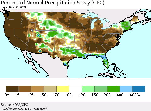 United States Percent of Normal Precipitation 5-Day (CPC) Thematic Map For 4/16/2021 - 4/20/2021