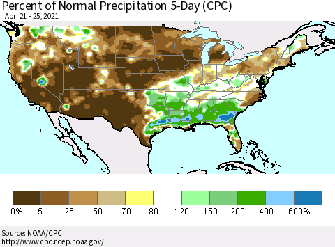 United States Percent of Normal Precipitation 5-Day (CPC) Thematic Map For 4/21/2021 - 4/25/2021