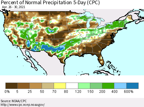 United States Percent of Normal Precipitation 5-Day (CPC) Thematic Map For 4/26/2021 - 4/30/2021