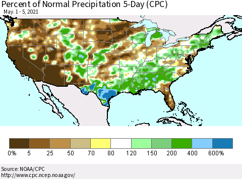 United States Percent of Normal Precipitation 5-Day (CPC) Thematic Map For 5/1/2021 - 5/5/2021