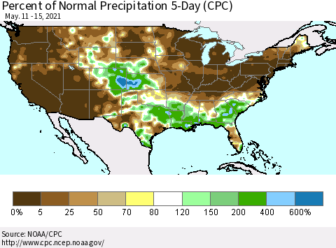 United States Percent of Normal Precipitation 5-Day (CPC) Thematic Map For 5/11/2021 - 5/15/2021