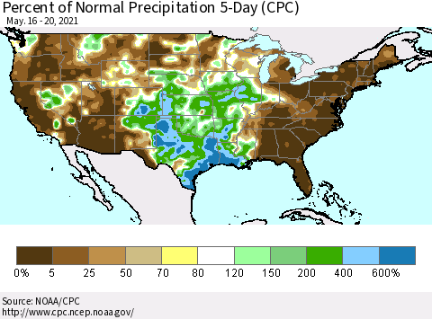 United States Percent of Normal Precipitation 5-Day (CPC) Thematic Map For 5/16/2021 - 5/20/2021