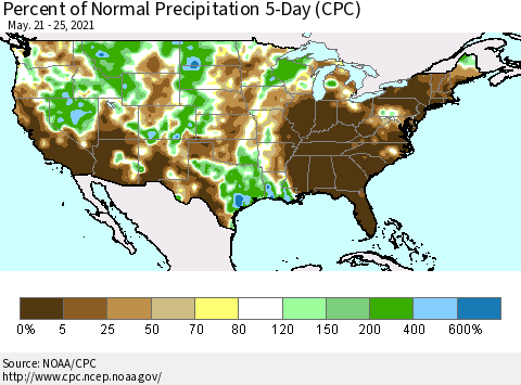 United States Percent of Normal Precipitation 5-Day (CPC) Thematic Map For 5/21/2021 - 5/25/2021