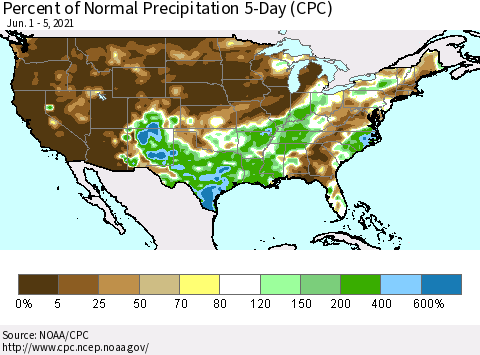 United States Percent of Normal Precipitation 5-Day (CPC) Thematic Map For 6/1/2021 - 6/5/2021