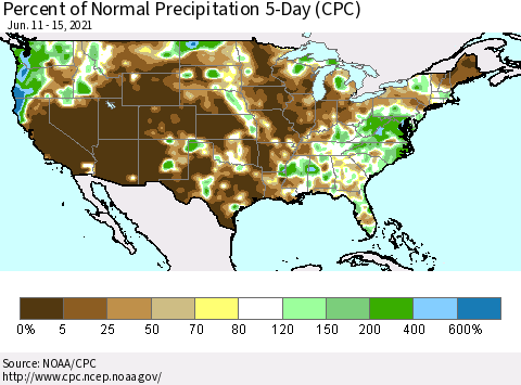 United States Percent of Normal Precipitation 5-Day (CPC) Thematic Map For 6/11/2021 - 6/15/2021