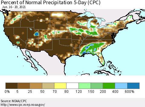 United States Percent of Normal Precipitation 5-Day (CPC) Thematic Map For 6/16/2021 - 6/20/2021