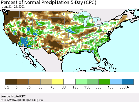 United States Percent of Normal Precipitation 5-Day (CPC) Thematic Map For 6/21/2021 - 6/25/2021