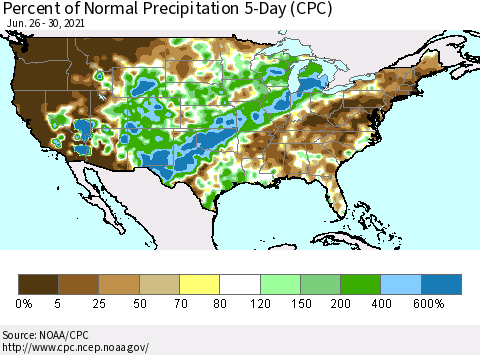 United States Percent of Normal Precipitation 5-Day (CPC) Thematic Map For 6/26/2021 - 6/30/2021
