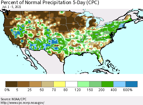 United States Percent of Normal Precipitation 5-Day (CPC) Thematic Map For 7/1/2021 - 7/5/2021