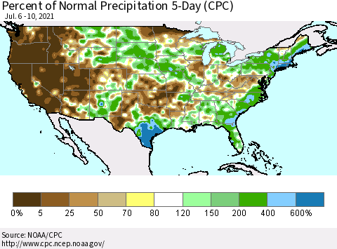 United States Percent of Normal Precipitation 5-Day (CPC) Thematic Map For 7/6/2021 - 7/10/2021