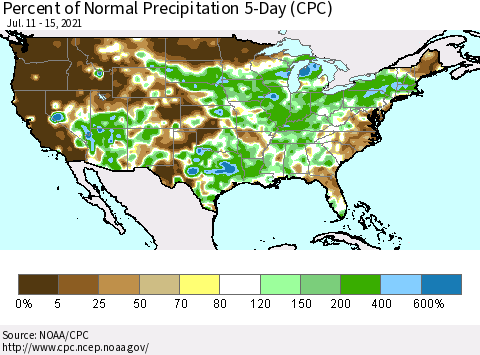 United States Percent of Normal Precipitation 5-Day (CPC) Thematic Map For 7/11/2021 - 7/15/2021