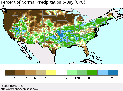 United States Percent of Normal Precipitation 5-Day (CPC) Thematic Map For 7/16/2021 - 7/20/2021