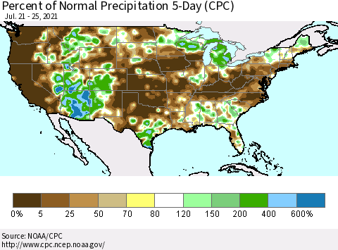 United States Percent of Normal Precipitation 5-Day (CPC) Thematic Map For 7/21/2021 - 7/25/2021