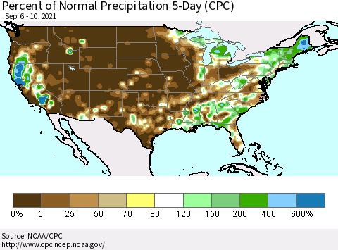United States Percent of Normal Precipitation 5-Day (CPC) Thematic Map For 9/6/2021 - 9/10/2021