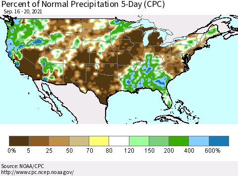 United States Percent of Normal Precipitation 5-Day (CPC) Thematic Map For 9/16/2021 - 9/20/2021