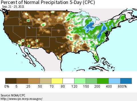 United States Percent of Normal Precipitation 5-Day (CPC) Thematic Map For 9/21/2021 - 9/25/2021