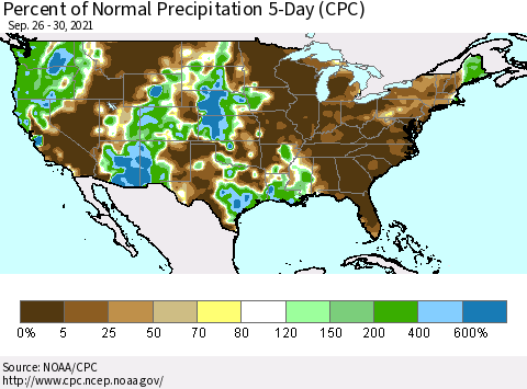 United States Percent of Normal Precipitation 5-Day (CPC) Thematic Map For 9/26/2021 - 9/30/2021