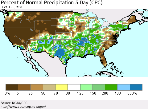 United States Percent of Normal Precipitation 5-Day (CPC) Thematic Map For 10/1/2021 - 10/5/2021