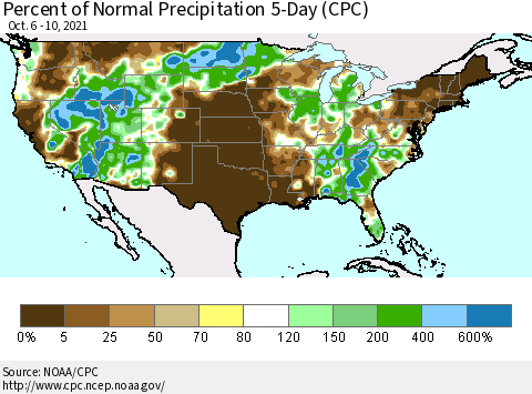 United States Percent of Normal Precipitation 5-Day (CPC) Thematic Map For 10/6/2021 - 10/10/2021