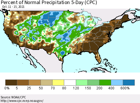 United States Percent of Normal Precipitation 5-Day (CPC) Thematic Map For 10/11/2021 - 10/15/2021