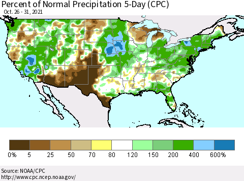 United States Percent of Normal Precipitation 5-Day (CPC) Thematic Map For 10/26/2021 - 10/31/2021