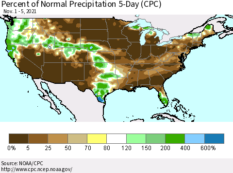 United States Percent of Normal Precipitation 5-Day (CPC) Thematic Map For 11/1/2021 - 11/5/2021