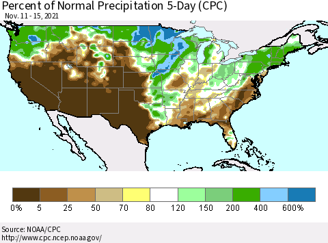 United States Percent of Normal Precipitation 5-Day (CPC) Thematic Map For 11/11/2021 - 11/15/2021