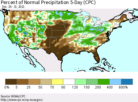 United States Percent of Normal Precipitation 5-Day (CPC) Thematic Map For 12/26/2021 - 12/31/2021