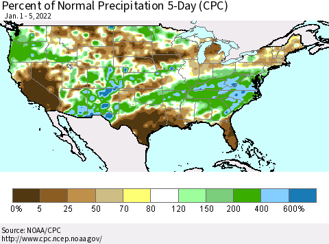 United States Percent of Normal Precipitation 5-Day (CPC) Thematic Map For 1/1/2022 - 1/5/2022