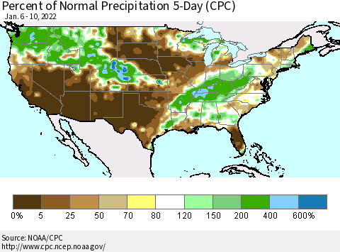 United States Percent of Normal Precipitation 5-Day (CPC) Thematic Map For 1/6/2022 - 1/10/2022