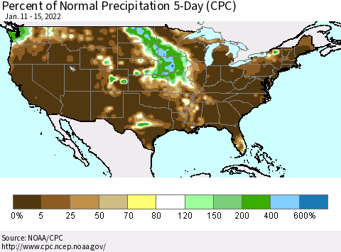 United States Percent of Normal Precipitation 5-Day (CPC) Thematic Map For 1/11/2022 - 1/15/2022