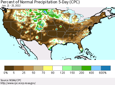 United States Percent of Normal Precipitation 5-Day (CPC) Thematic Map For 1/21/2022 - 1/25/2022