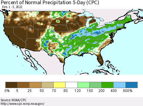 United States Percent of Normal Precipitation 5-Day (CPC) Thematic Map For 2/1/2022 - 2/5/2022