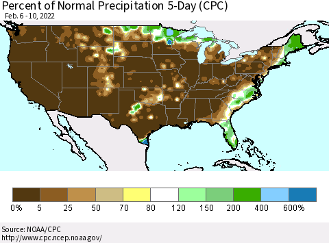 United States Percent of Normal Precipitation 5-Day (CPC) Thematic Map For 2/6/2022 - 2/10/2022