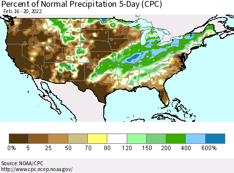 United States Percent of Normal Precipitation 5-Day (CPC) Thematic Map For 2/16/2022 - 2/20/2022